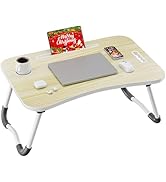 Frpufi Folding Lap Desk, 23.6 Inch Wood Laptop Bed Desk with Cup Holder, Portable Bed Table for W...