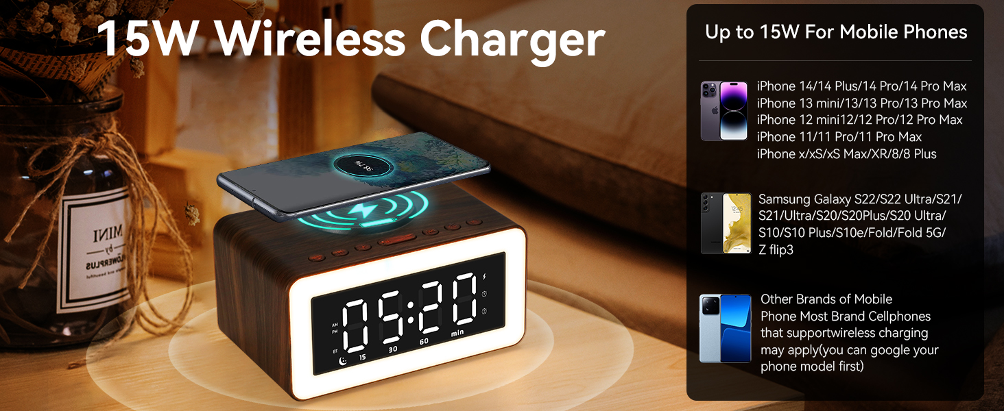 alarm clock phone charger with light bluetooth for bedroom speaker