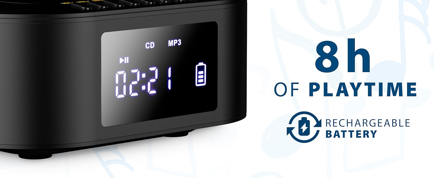 Text reads '8h OF PLAYTIME' with 'RECHARGEABLE BATTERY' icon. Black electronic device with LED display showing digital time readout.