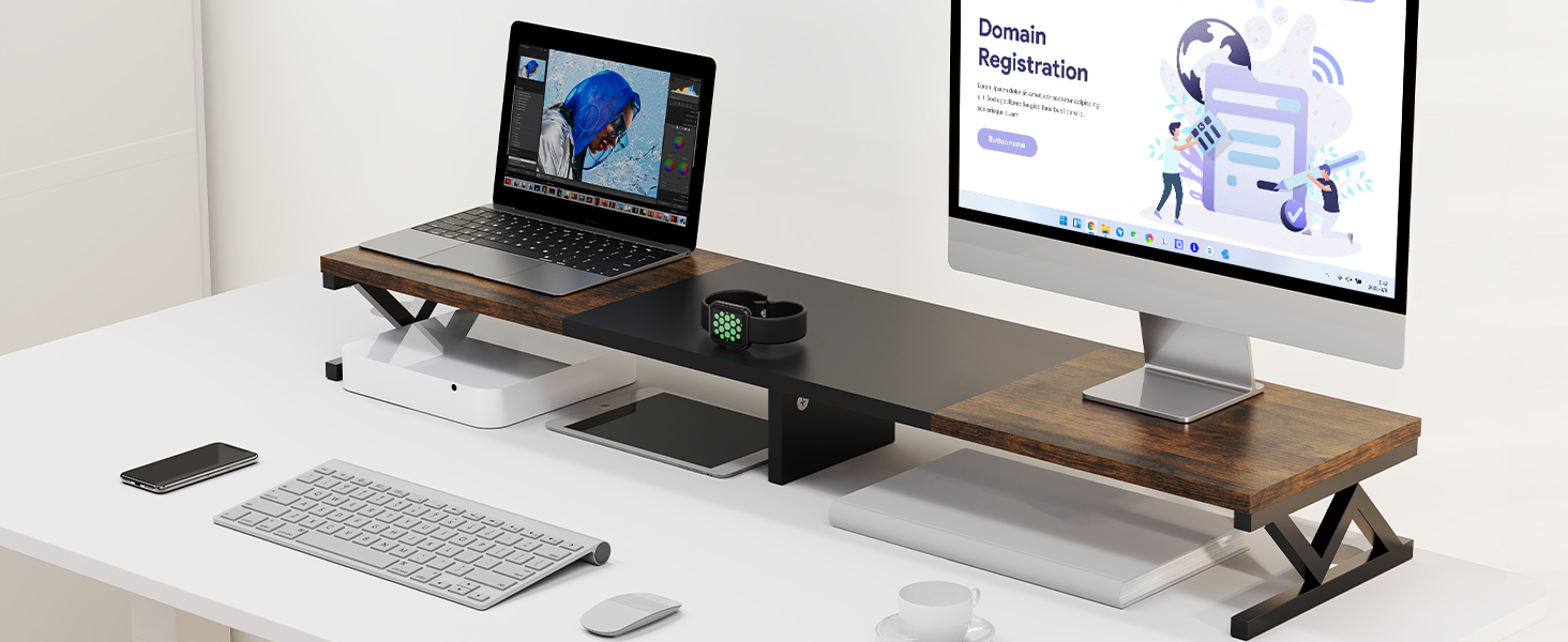 dual monitor stand with keyboard storage