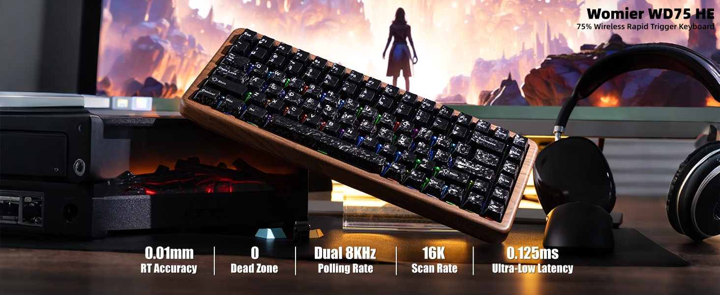 75% Hall Effec Keyboard Wood, Mechanical Keyboard Wireless Rapid Trigger Gaming Custom Keyboard