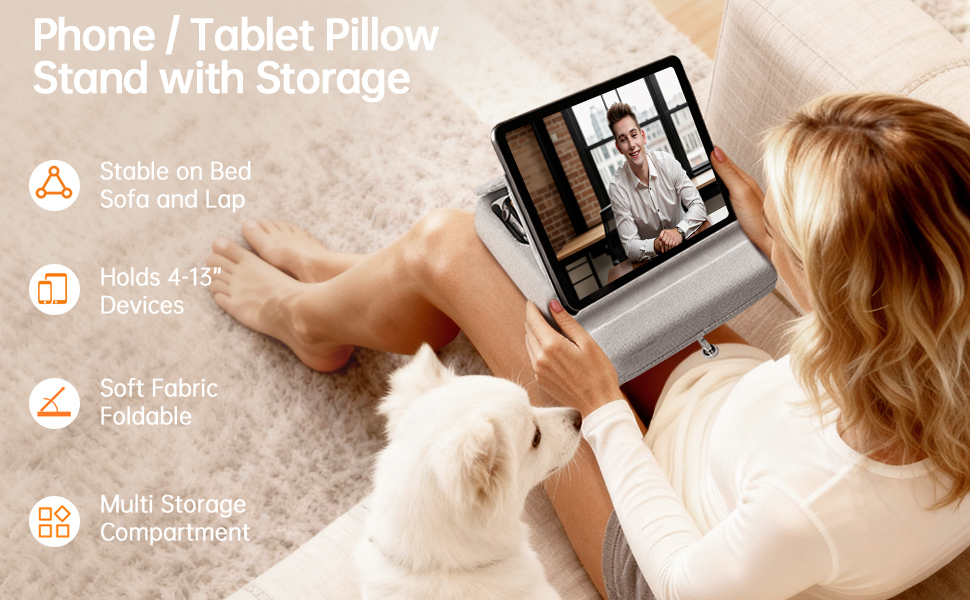 Tablet Pillow Stand with Storage, Foldable iPad Holder for Lep, Bed, Sofa, and Desk