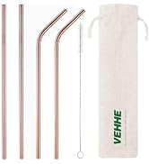 VEHHE Metal Straws Reusable Stainless Steel Straws Drinking Rose Gold 4 Set - Ultra Long 10.5" Cl...
