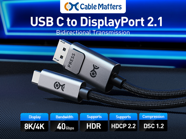 Cable Matters DisplayPort 2.1 to USB C bidirectional cable, DP40 UHBR10 40Gbps