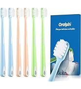 Set of six transparent toothbrushes in pastel colors alongside blue product packaging labeled 'Oralphi', featuring soft bristle design.