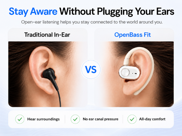 Open-ear hook earbuds compared with traditional in-ear earbuds