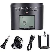 Electronic device with LCD screen showing '10S 270°'. Buttons for ON/OFF, Sec, Deg, Mode, Min. Includes accessories: mounting screw, camera mount, cable, and smartphone holder.