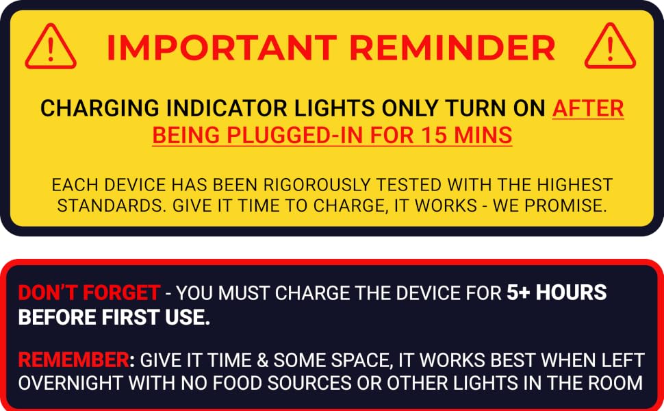 indoor gnats and fruit flies trap warning - charge device 15 mins before light appear