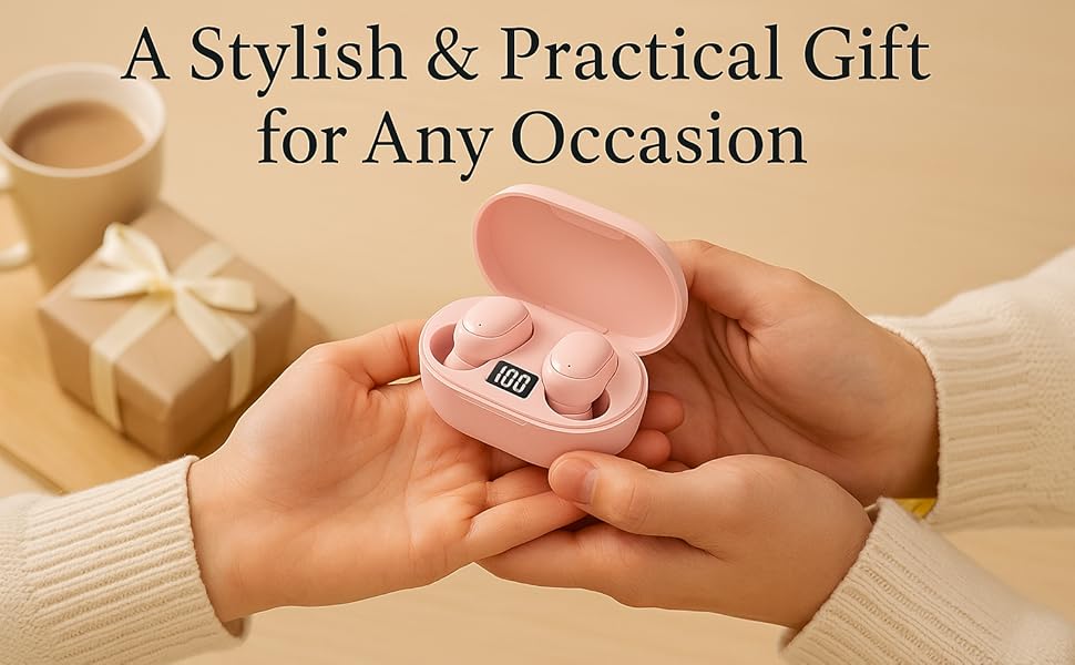 Pink Acuvar wireless earbuds in charging case, a stylish and practical gift idea