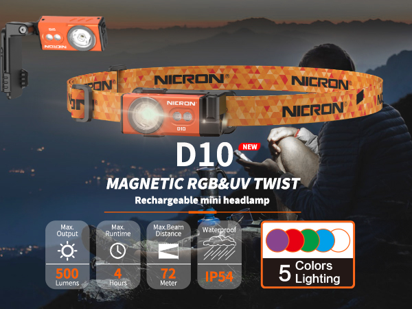 D10 EDC flashlight/headlamp combo, 500 lumens, 5 colors, multi-functional lighting tool