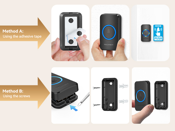 Technical installation guide showing sequential steps for mounting a black electronic device using adhesive strips and alternative mounting bracket method.