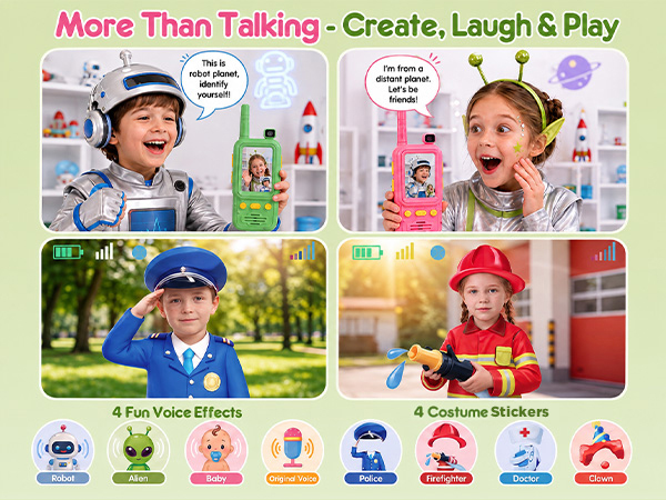 Video Walkie Talkies with 4 fun voice effects and 4 costume stickers