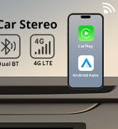 Text reads 'Car Stereo' with interface buttons and control panel elements shown on what appears to be an automotive audio system display.
