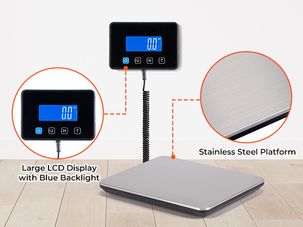 Digital scale with large LCD display showing 0.0. Stainless steel platform. Detailed view of screen with blue backlight. Annotations highlight key features.