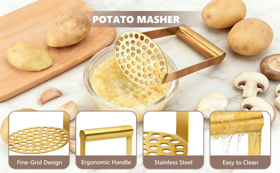 POTATO MASHER,Fine-Grid Design, Ergonomic Handle ,Stainless Steel, Easy to Clean