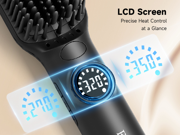Advanced hair straightening brush featuring a clear LCD screen for precise, at-a-glance temp control