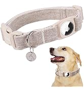 DOGWONG Airtag Cotton Hemp Dog Collar, Heavy-Duty Dog Collar with Airtag Holder Beige Dog Collar ...