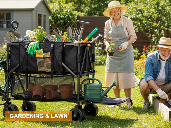 Garden cart for soil and plant transport with heavy duty frame and easy to clean 600D fabric