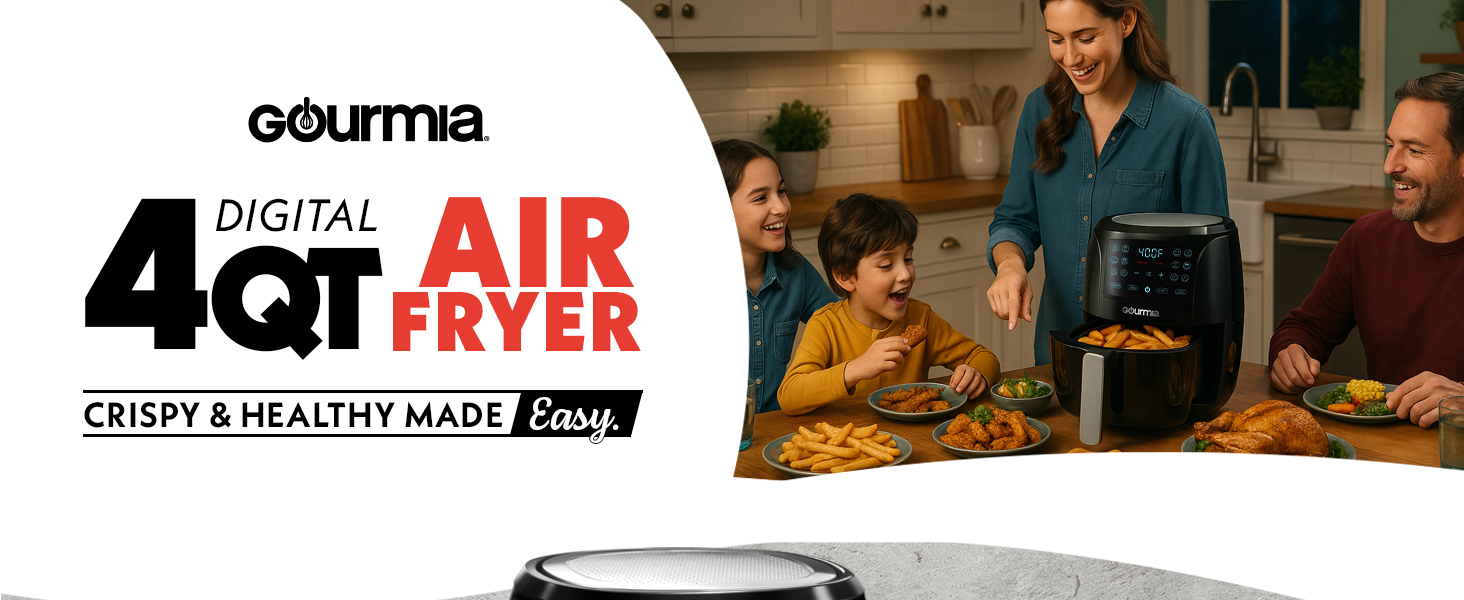 Gourmia 4 Quart Digital Air Fryer with stainless steel accents and touch control panel