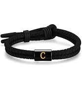 Metzm Adjustable Silicone Braided Rope Initial Bracelet for Men Women, Stainless Steel A-Z Letter...