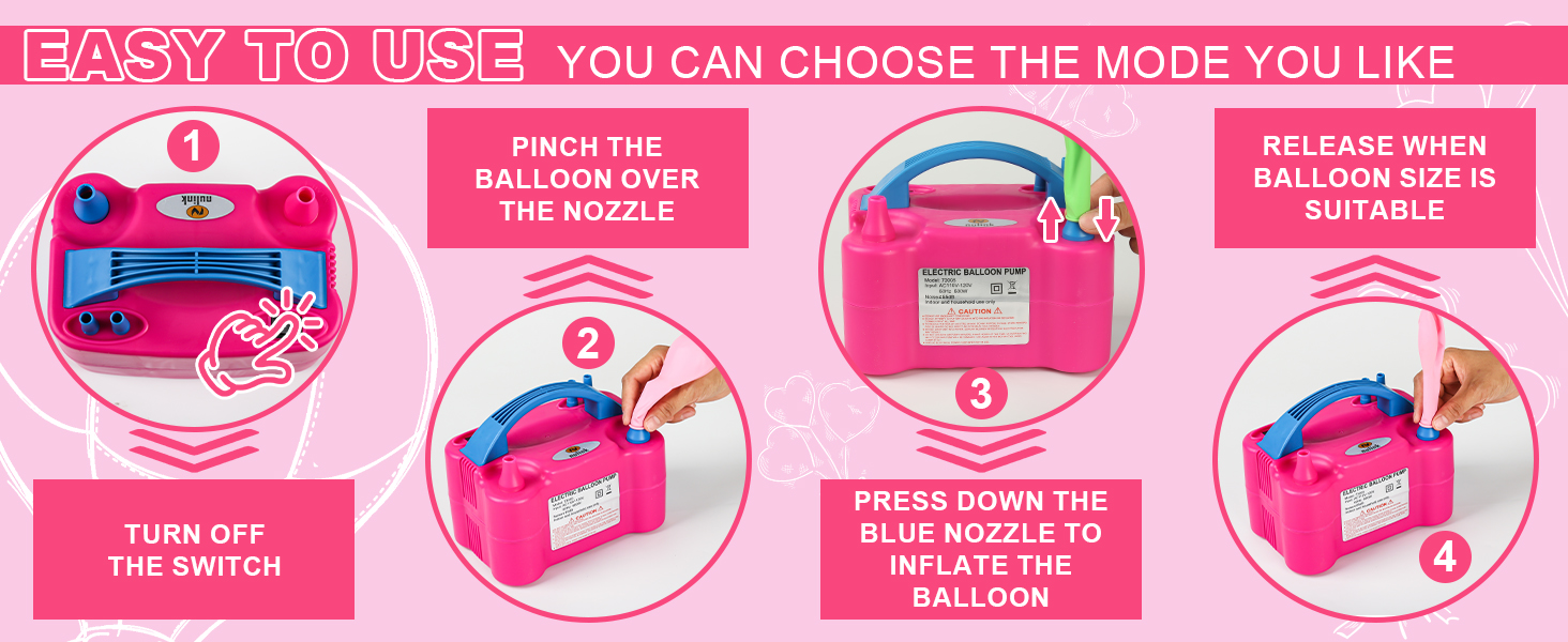 Step-by-step guide showing how to use an electric balloon pump to inflate balloons easily