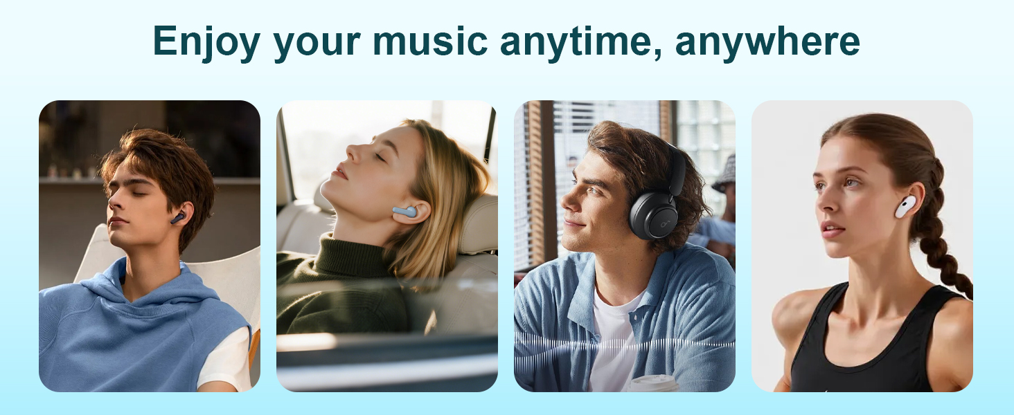 Text reads 'Enjoy your music anytime, anywhere'. Collage of multiple people enjoying audio content in various relaxed settings and positions.