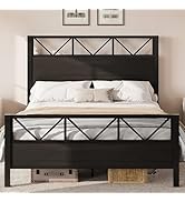 LIKIMIO Queen Bed Frame, Tall Industrial Headboard 51.2 ", Platform Bed Frame with Strong Metal S...