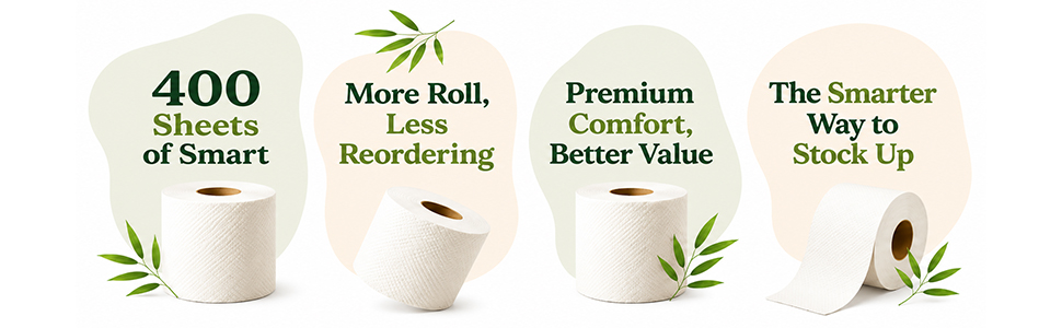Bamboo toilet paper graphic highlighting 400-sheet rolls, premium comfort, and long-lasting value.