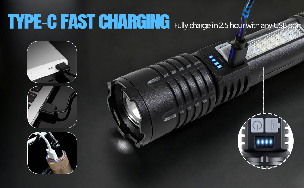rechargeable flashlight with cob sidelight for warning camping exploration hiking fishing