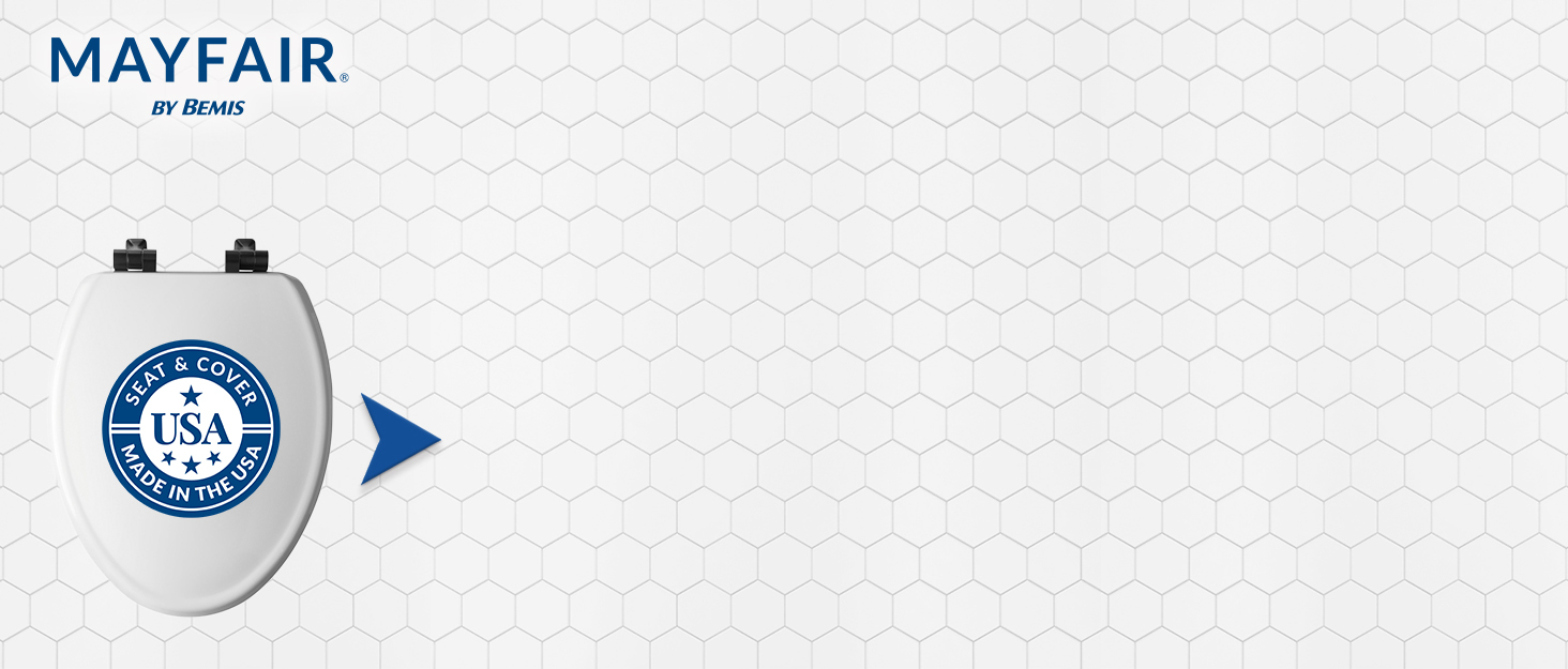 Mayfair Toilet Seats logo with white hexagonal bathroom tile, modern toilet seat with black hinges