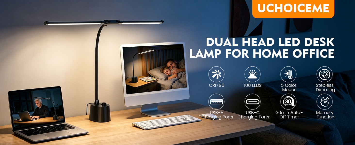 Desk Lamp with USB A+C Charging Ports,Desk Light for for Home Office,Reading Light Table Lamp