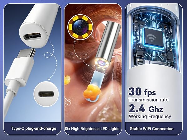 Rechargeable ear otoscope with Type-C port, 6 bright LED lights and stable 2.4GHz WiFi.