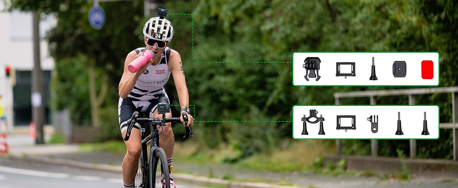 Cyclist riding on a road wearing athletic gear and helmet, with informational icons displayed in side panels showing various cycling-related symbols.