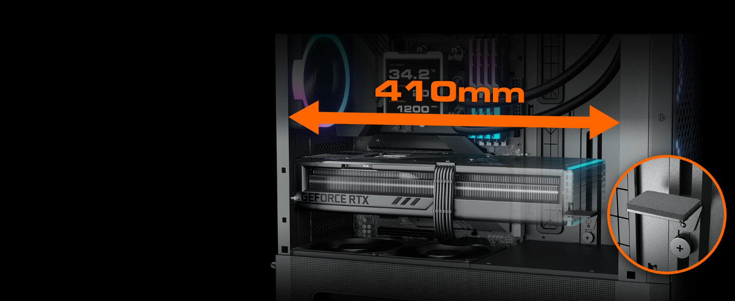 Compact design accommodates up to 410mm GPUs and 2x 120mm bottom fans.