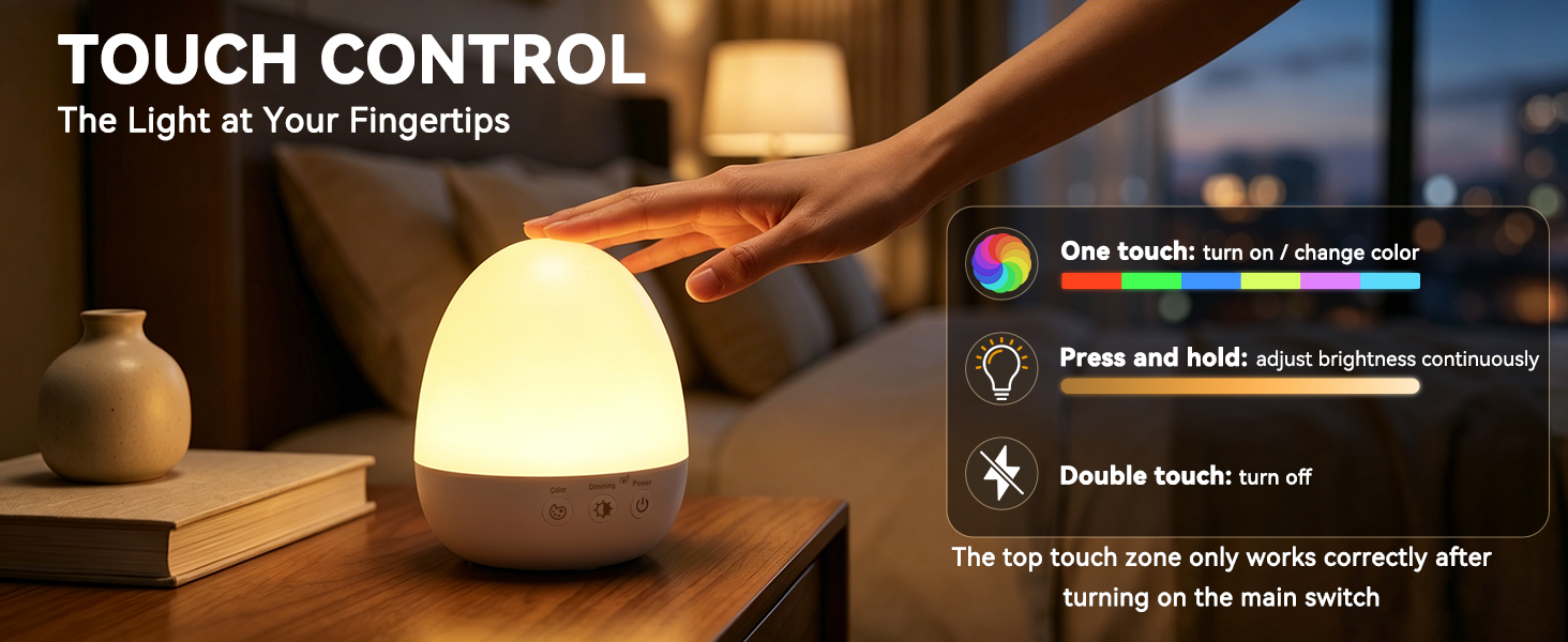 Touch control kids night lamp, tap to change color, long press dim, double tap to power off easily