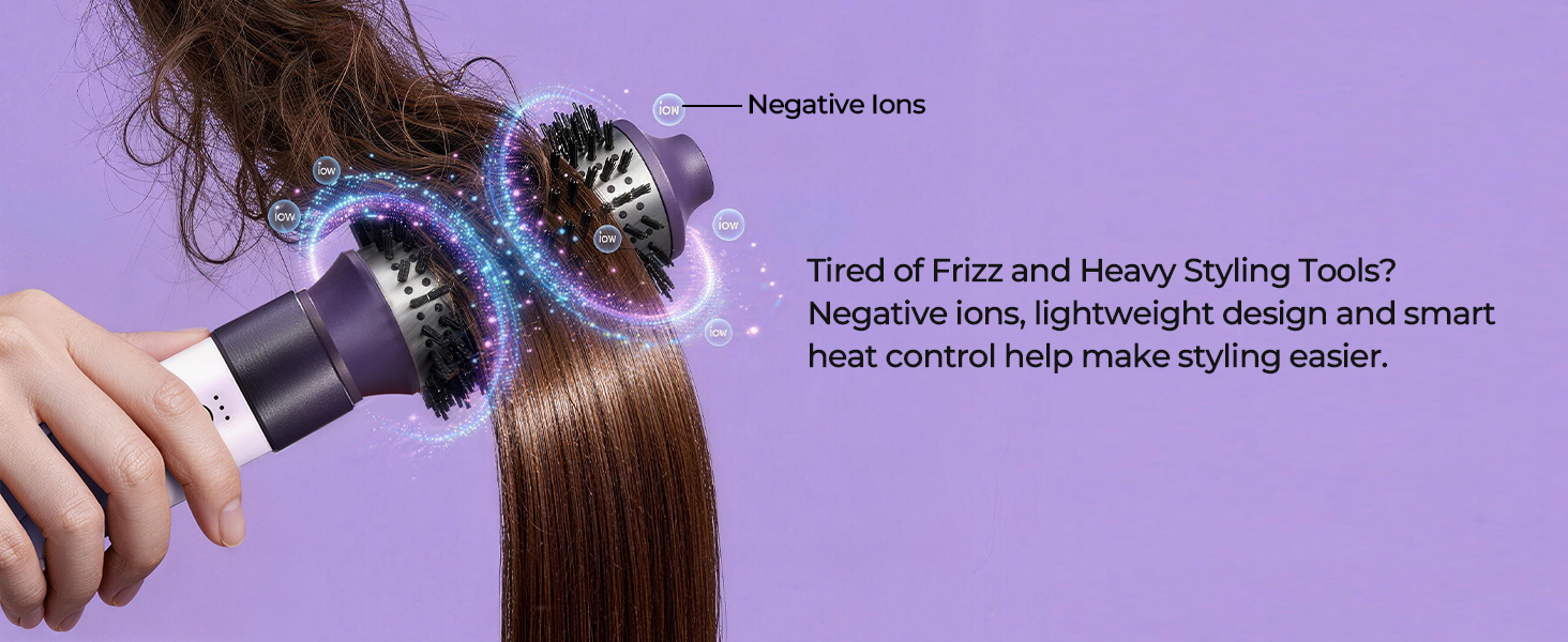 Lightweight negative ion hair dryer brush with smart heat control for frizz-free styling.
