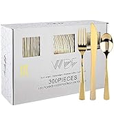 WDF300 Pieces Gold Plastic Silverware - Heavy Duty Disposable Cutlery Set Plastic Gold Silverware...