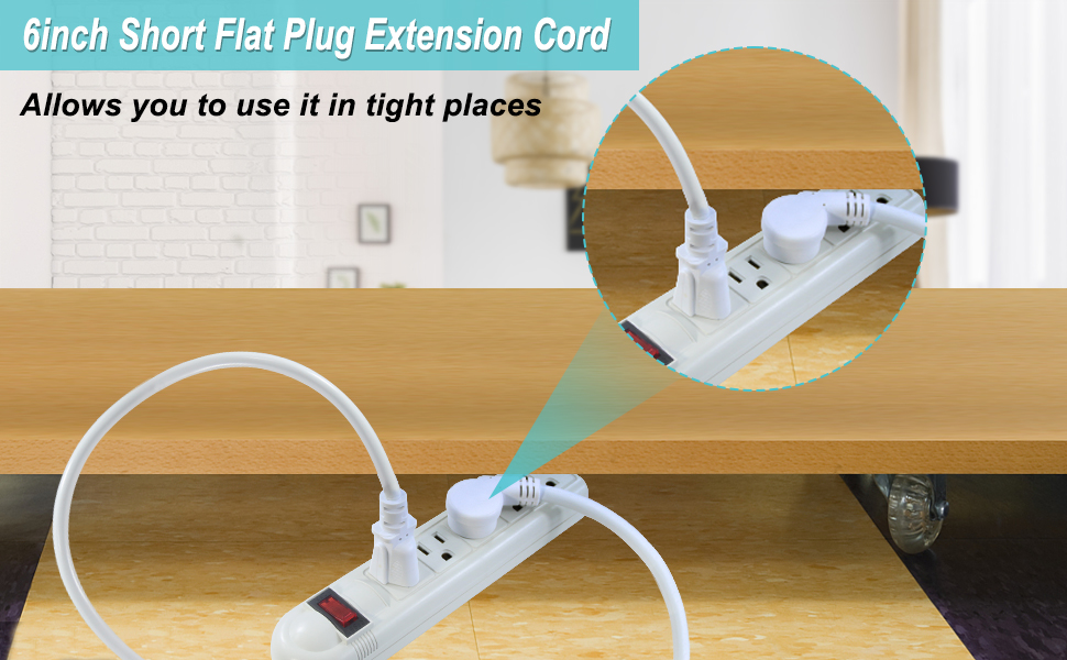 6inch Mini White Low Profile Flat Head Small Appliance Power Supply AC Cord