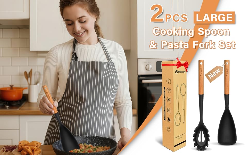 Silicone Cooking Spoon and Pasta Fork Set