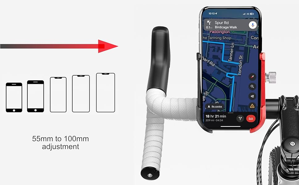 Technical diagram showing device specifications with arrows and size indicators. Multiple smartphone or device outlines shown in ascending size order.