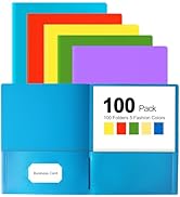 HABGP 100 Folders with Pockets, 5 Color Heavy Duty Plastic Two Pocket Folder with Business Card H...
