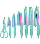 KATISUN Kitchen Knife Set with Guards, 13 Piece Rainbow Titanium Coated Stainless Steel Boxed Kni...