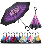 LLanxiry Windproof Inverted Umbrella, Large Reverse Umbrellas for Rain with C-shaped Handle Big U...