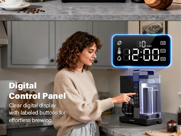 Clear digital display with labeled buttons