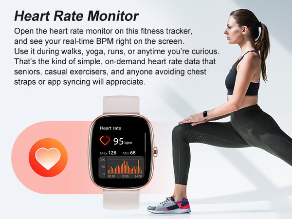 Heart rate on fitness tracker: open to see BPM. For walks, yoga, runs. Seniors