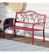 PHI VILLA Outdoor Patio 50" Metal Park Bench Red, Steel Frame Bench with Backrest and Armrests fo...