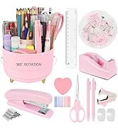 Pink Office Desk Accessories, 15pcs Office Supplies 360°Pen Holder Desk Organizers and Accessorie...