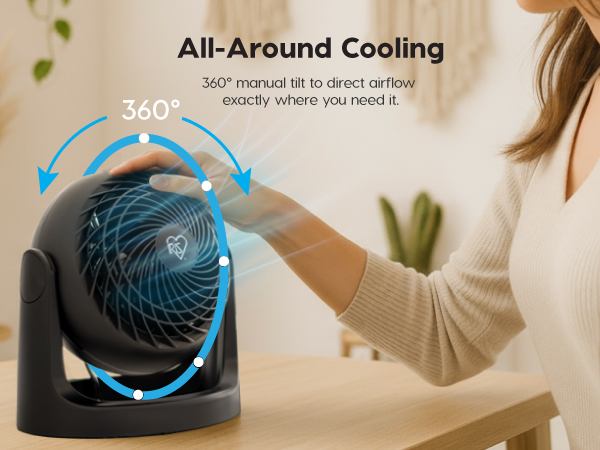 IRIS USA Desk Fan, Air Circulator, 3 Speeds, 52ft Max Air Distance, 360° Adjustable Tilt, 30 db