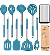 Silicone Cooking Utensil Set, 8Pcs Non-stick Cookware with Stainless Steel Handle, BPA Free Heat ...