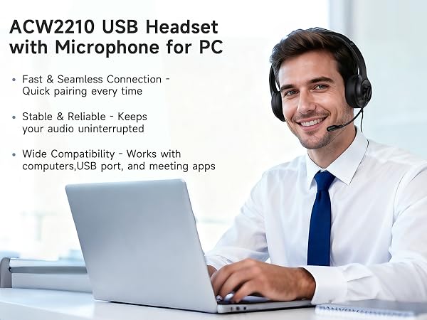 Computer Headset with Microphone for PC, USB Headset with Noise Cancelling Mic Black